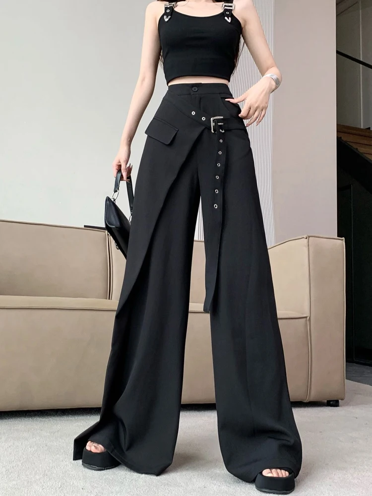 Unique Belt Black Suit Pants Fake Two Pieces Wide Leg Straight Pants For Women Commuting High Waist High-grade Sense Trousers