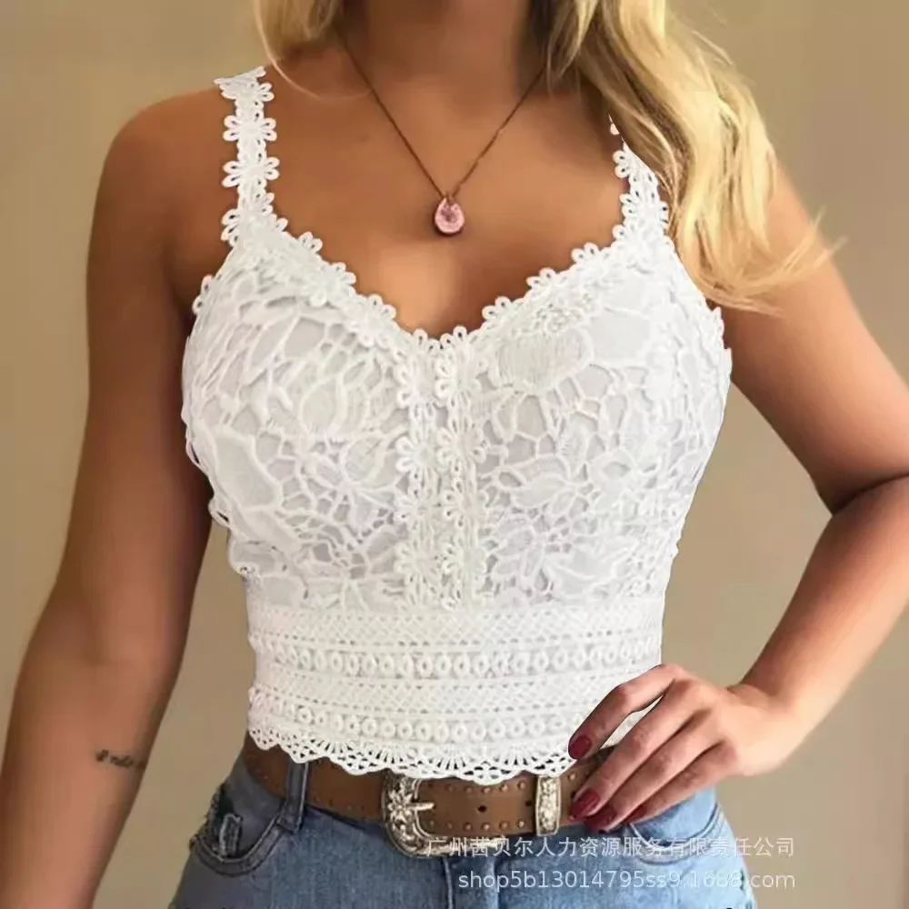 Women Spring Summer Tank Top Sleeveless Solid Color V Neck Lace Casual Fashion Sexy Comfortable Regular Standard Fit Backless