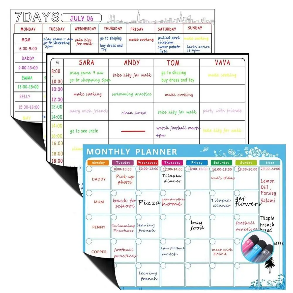 ยืดหยุ่นห้องครัว Work Plan ไวท์บอร์ดสํานักงานแม่เหล็กตู้เย็นสติกเกอร์เดือน Planner Plan Notepad Memo กระดานข้อความ