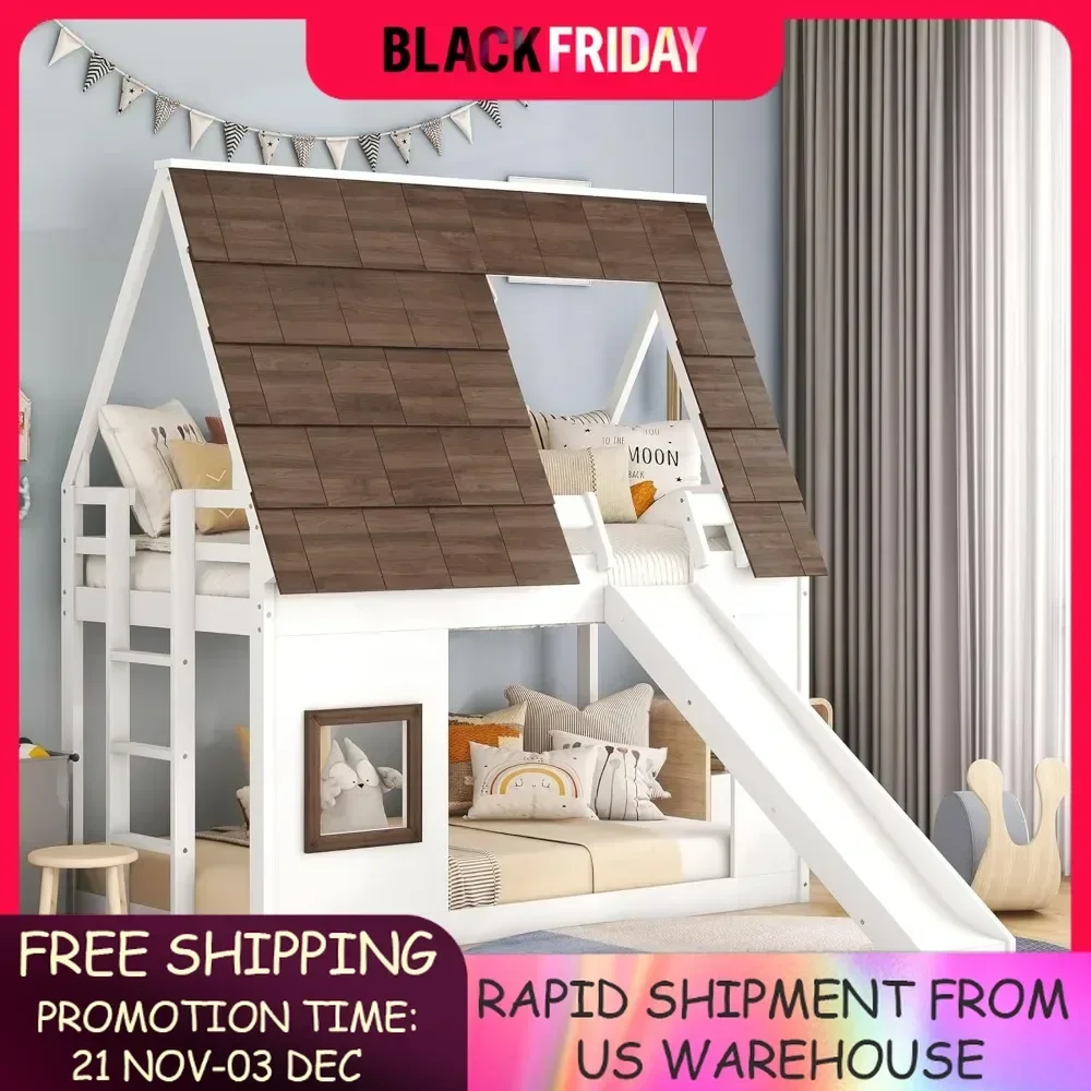 

Каркас двухъярусной кровати Twin Over Twin House с крышей, окном, замком и горкой для мальчиков и девочек, белый и коричневый