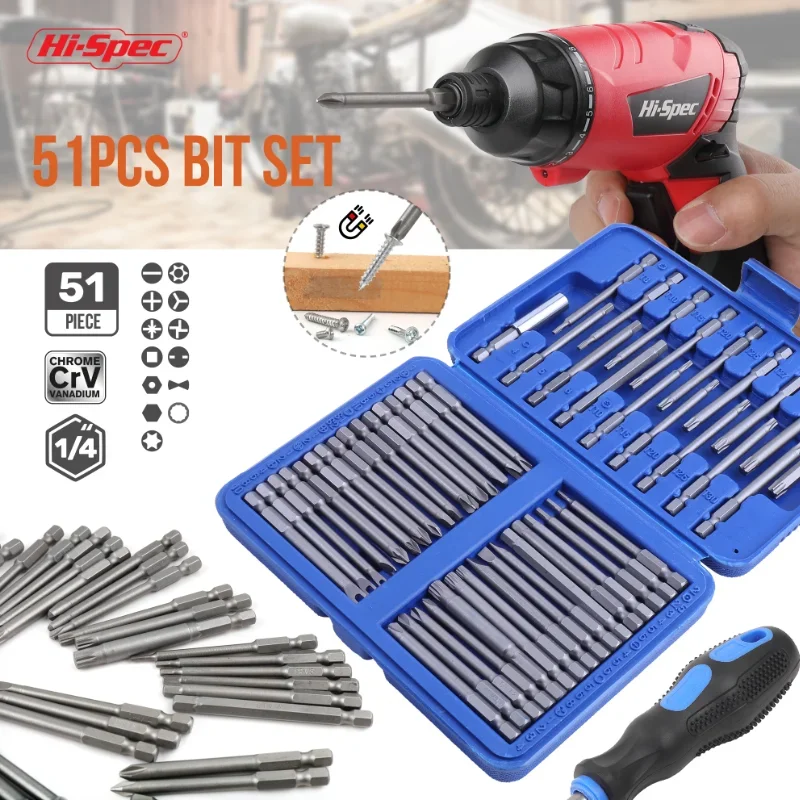 Hi-Spec Hex Long Handle Screwdriver Set Security Head 1/4 Screwdriver Bits Kit Torx Hex Hand Tools 25/50/51pc For Electric Drill