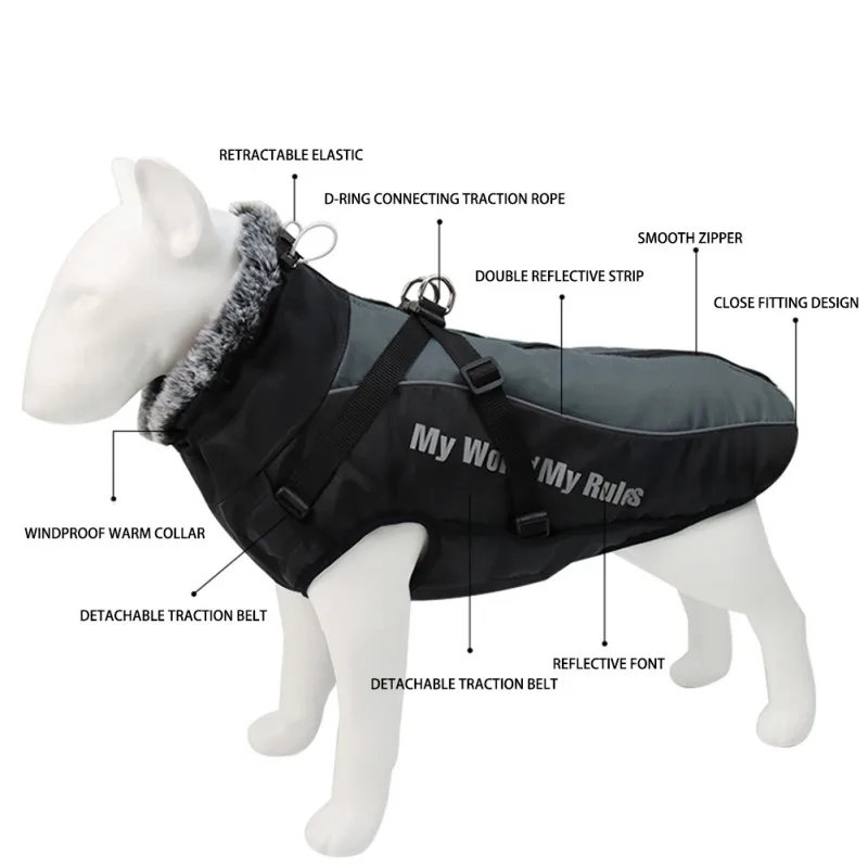 Dog Winter Jackets Dog Winter Coat Waterproof Jacket Cold Weather With Harness Furry Collar With Zipper Reflective Dog Vest