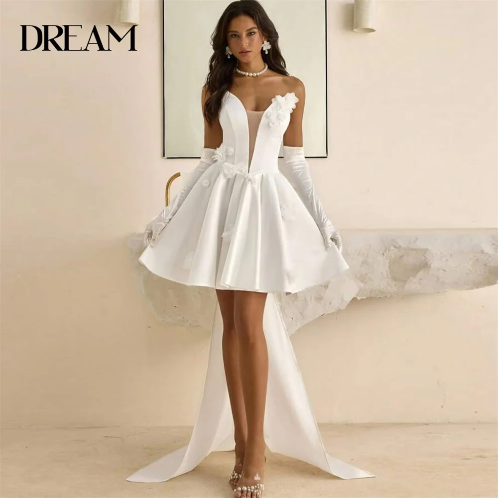 DREAM Deep V-Neck Short A-Line Wedding Dress Women Pleat 3D Flowers Open Back Big Bow Bridal Gown Vestidos De Noiva Customized