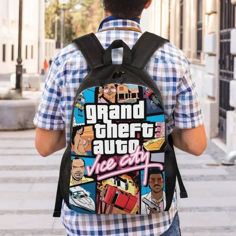 Personalizado jogo de aventura Grand Theft Auto Collage Backpack para homens e mulheres, Moda Bookbag para escola, faculdade GTA Bags