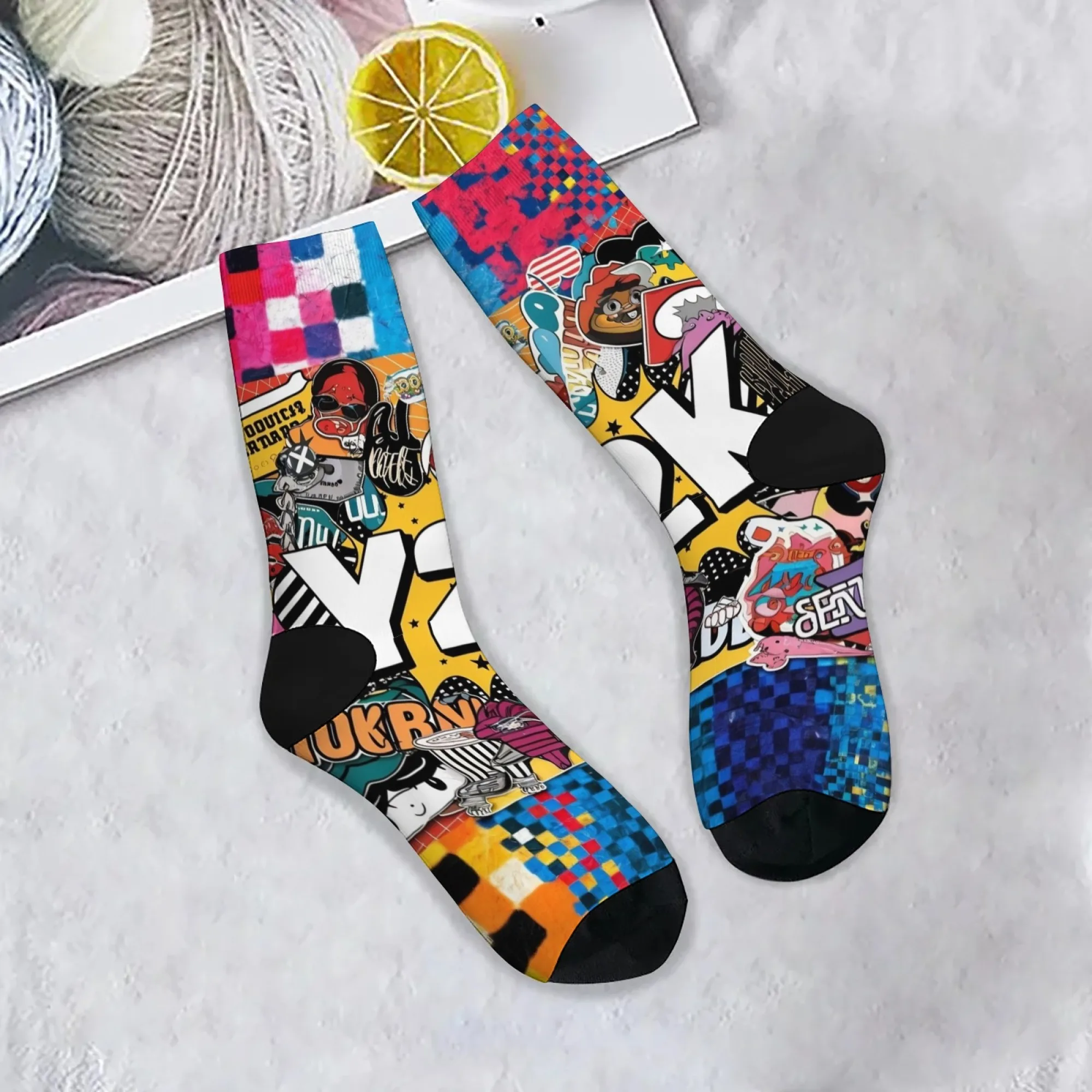 1 Pair Y2K Retro Pop Art Full-body Print 90s Nostalgia Socks Colorblock Digital Patterns Novelty Stocking for Themed Outfits