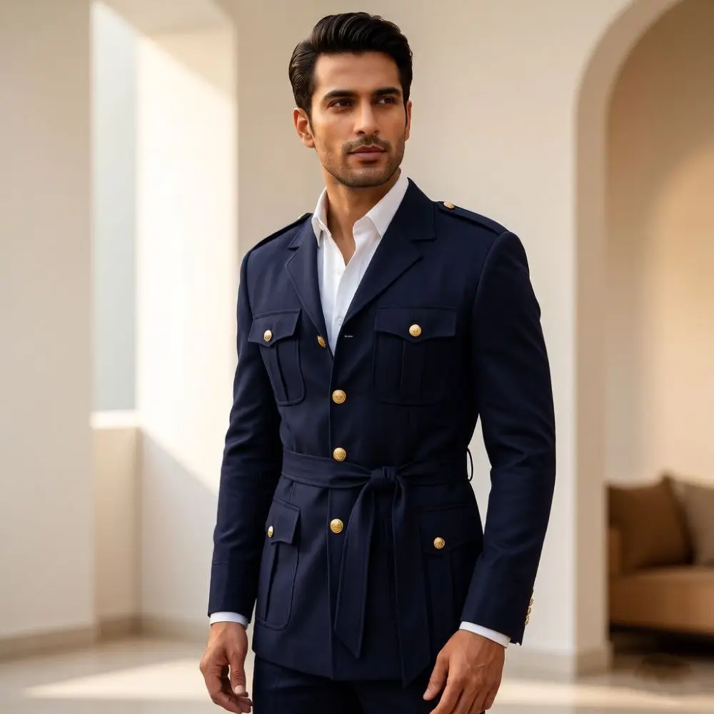 Men 2 Piece Linen Safari Suits Wedding Groom with Gold Buttons Black Slim Fit Feature Belted Waist for Elegant Formal Occasions