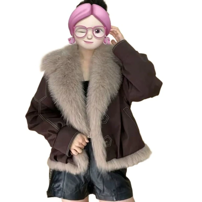 

Fashion Style Large Fur Collar Motorcycle Short Fur-like Fur Coat Women's Best-selling Parker Down Jacket Outerwear Fall Winter