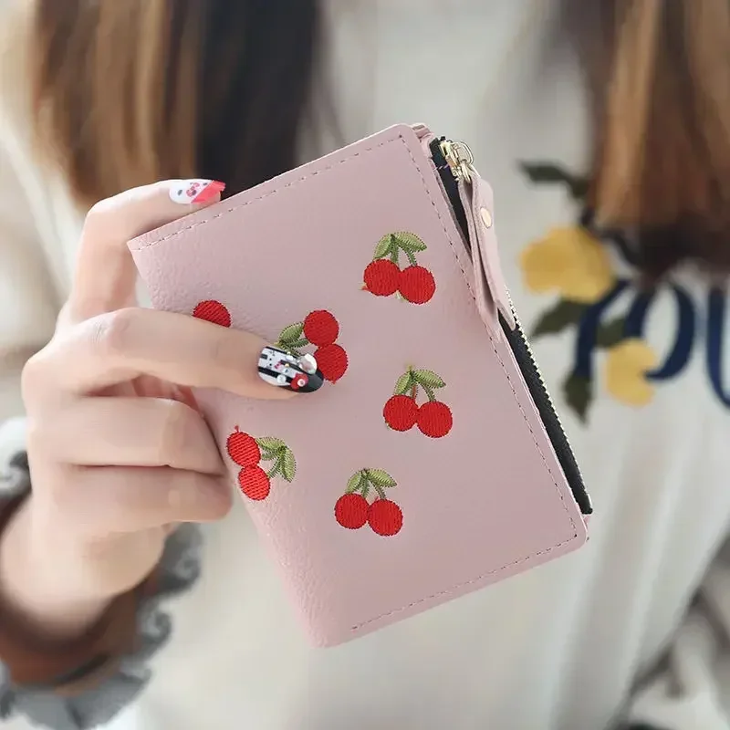 Fashion Women Short Wallet Small Zipper Purse Cherry Embroidery Coin Purse Cute Simple Card Holders Lady Girl Mini Money Bag