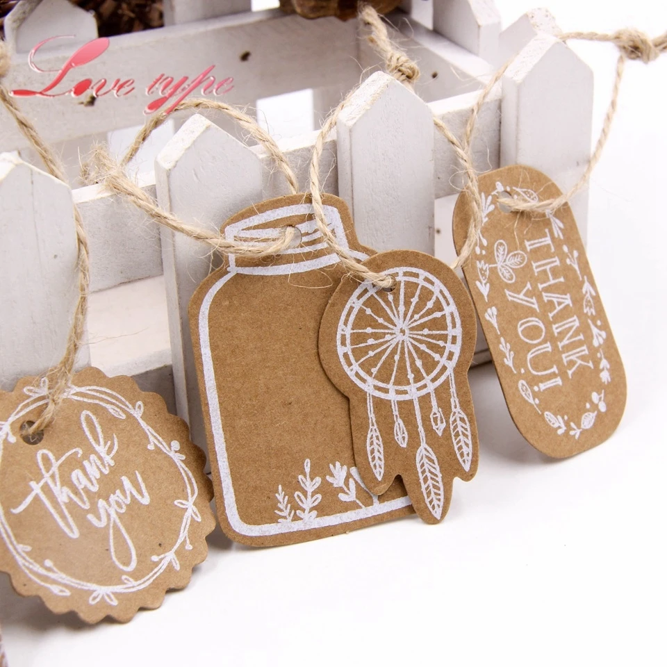 50PCS Merry Christmas Kraft Paper Tags Xmas Tree Handmade/Thank You Hanging Tag With Rope Labels Gift Wrapping Wedding Supplies