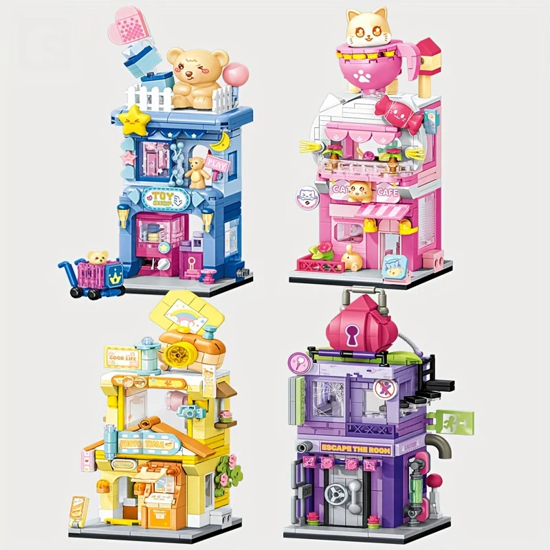 

4 стиля милые строительные блоки уличный вид, детские подарки на день рождения, креативная мультяшная модель мини-кирпичи для кофейни розничного магазина