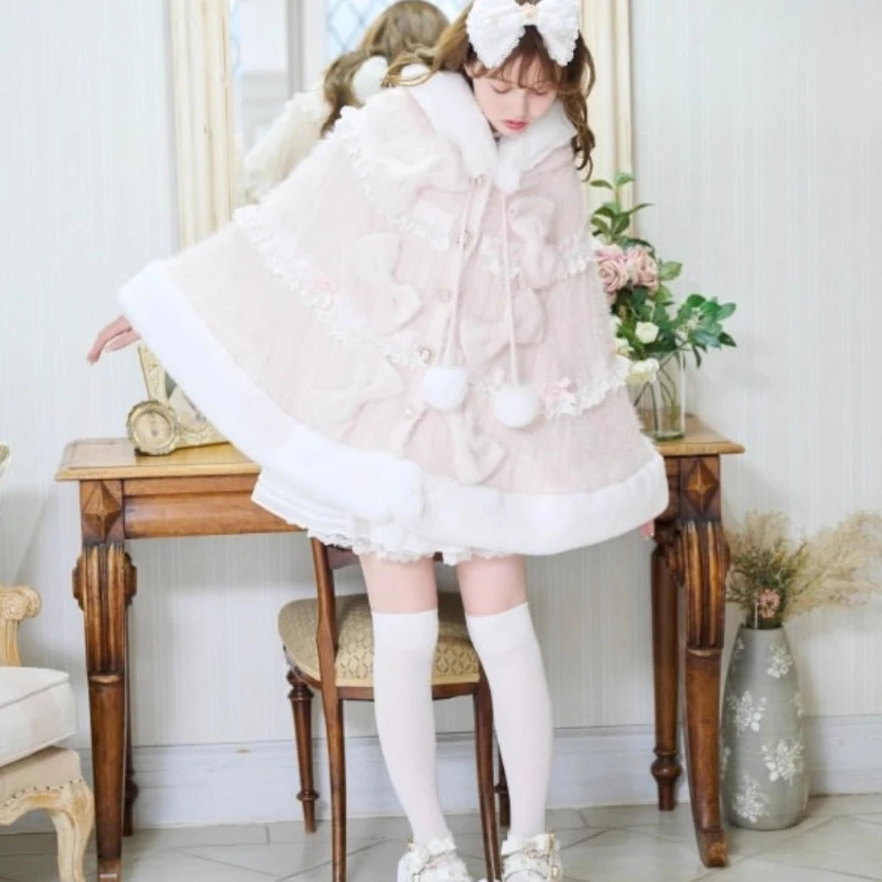 ليز مقنعين عباءة 2025 جديد اليابانية الحلو لينة الدافئة سميكة متماسكة الرؤوس الأميرة لوليتا العباءات الخريف والشتاء الفتيات النساء سترة #3