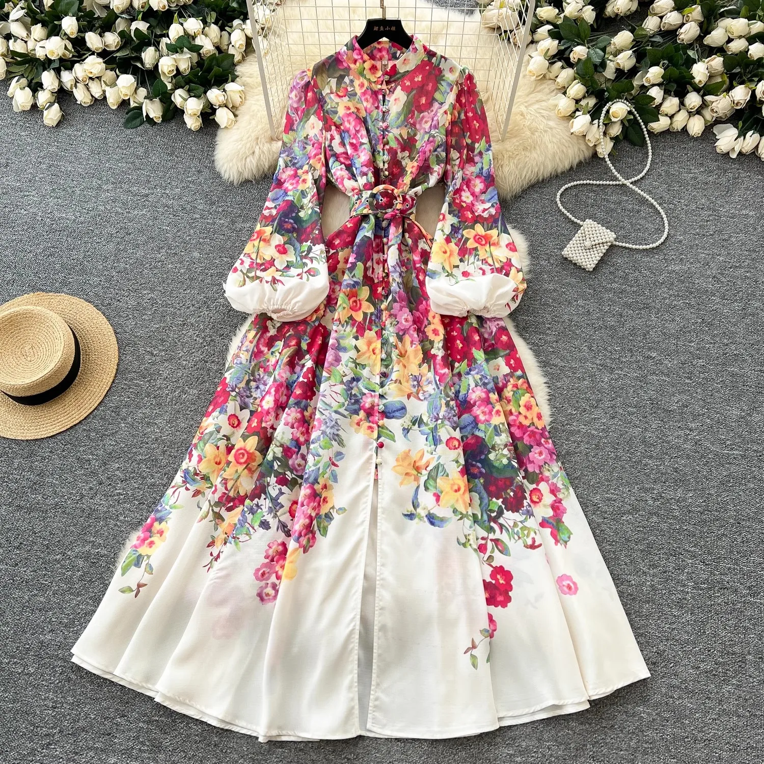 2025 Spring Summer Holiday Flower Dress Women's Stand Collar Long Lantern Sleeve Floral Print Belt Linen Clothes Robes Vestidos