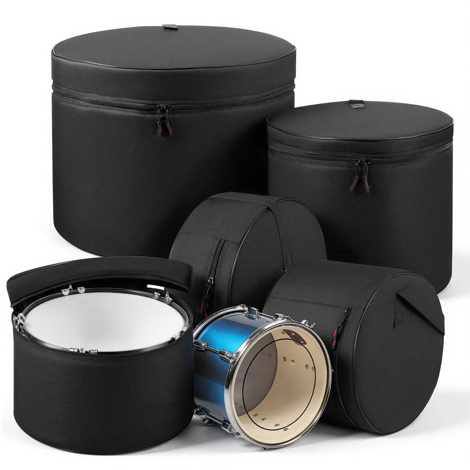 5-Piece Drum Case Set, 600D, Padded Bags for 22 in Bass, 12/13/16 in Tom, 14 in Snare, Thick, Lightweight Protective Covers