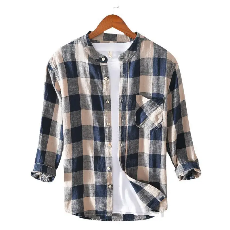 Spring Autumn New Men\'s Plain Pockets Turn-down Collar Cotton Linen Shirts Three-quarter Sleeve Slim Fit Casual Men Clothes Tops