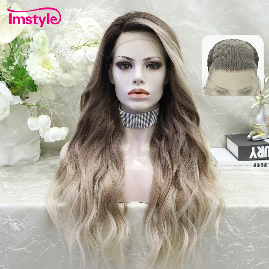 

Imstyle 13x4 Lace Wig Synthetic Lace Front Wig Ombre Brown Wig Natural Hairline Long Wavy Wig Heat Resistant Fiber Daily Wigs