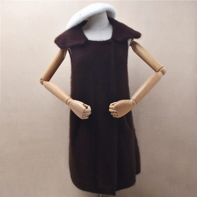 

Ladies Women Autumn Winter Fashion Hairy Mink Cashmere Knitted Sleeveless Turn-Down Neck Slim Long Sweater Vest Jacket Pull Tops