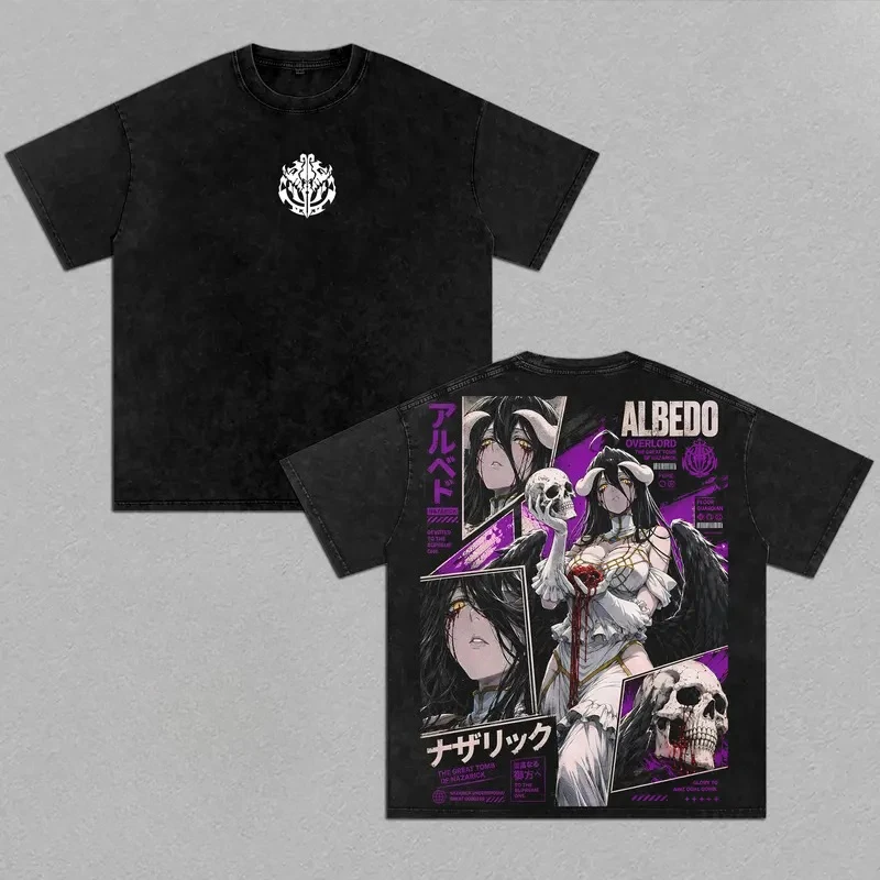 Overlord Albedo Print Tee Men Women Retro Washed T-shirts Oversized Cotton T Shirt Short Sleeve Clothing Harajuku Summer Tshirt