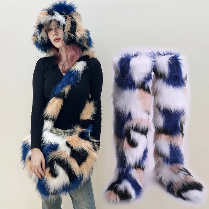 Winter Women New Fur Snow Boots High Tube Warm Imitation Fox Fur Boots Fashion Imitation Raccoon Hair Love Bag And Fur Hat Shoe