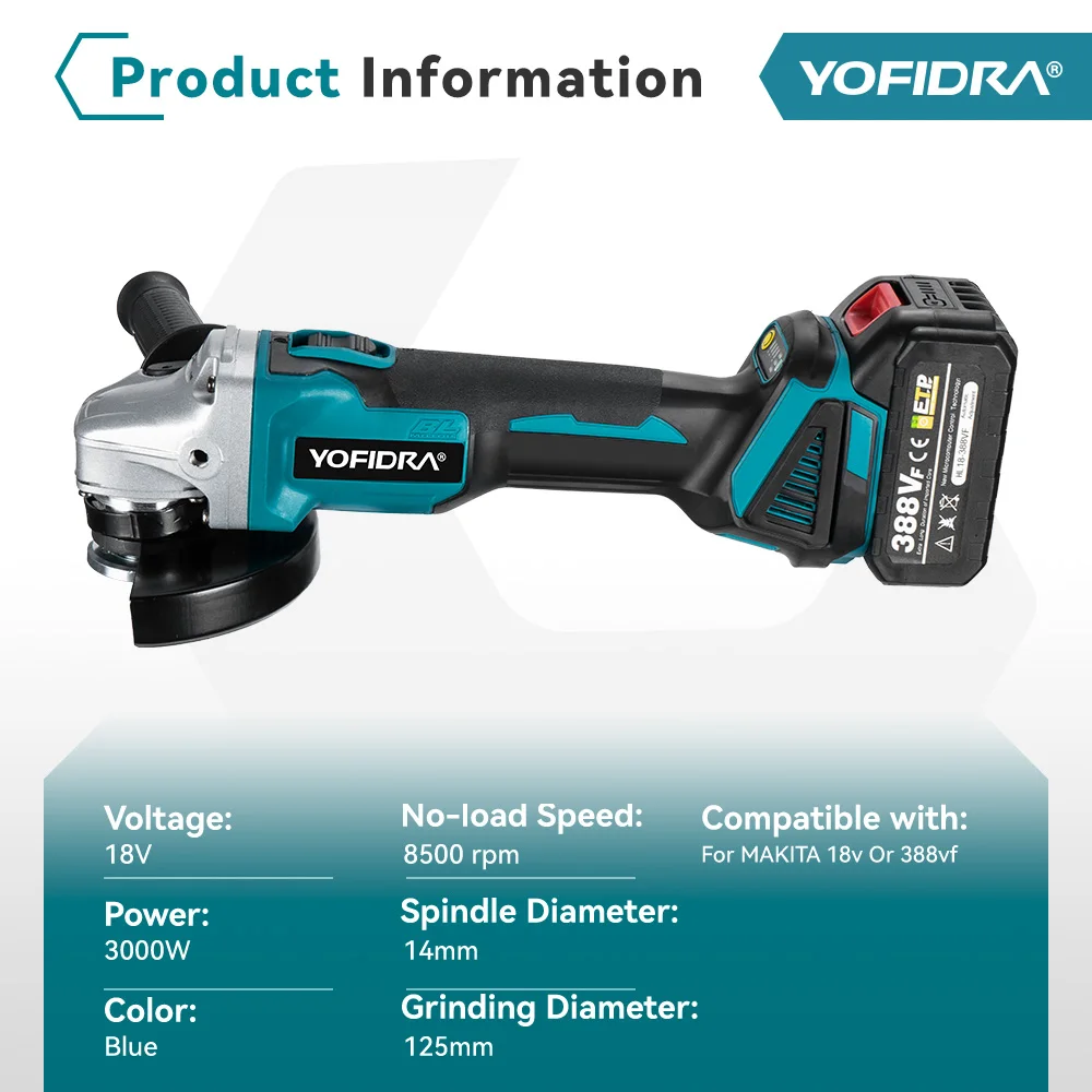 YOFIDRA 3000W 125mm Brushless Electric Angle Grinder 4 Gears For Makita 18V Battery Metal Wood Grinding Polishing Cutting Tool