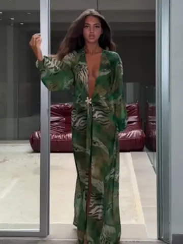 Women Jungle Green Animal Print Sheer Long Robe Dress Puff Sleeve Front Knot Detail High Slit Bohemian Vacation Party Outfit