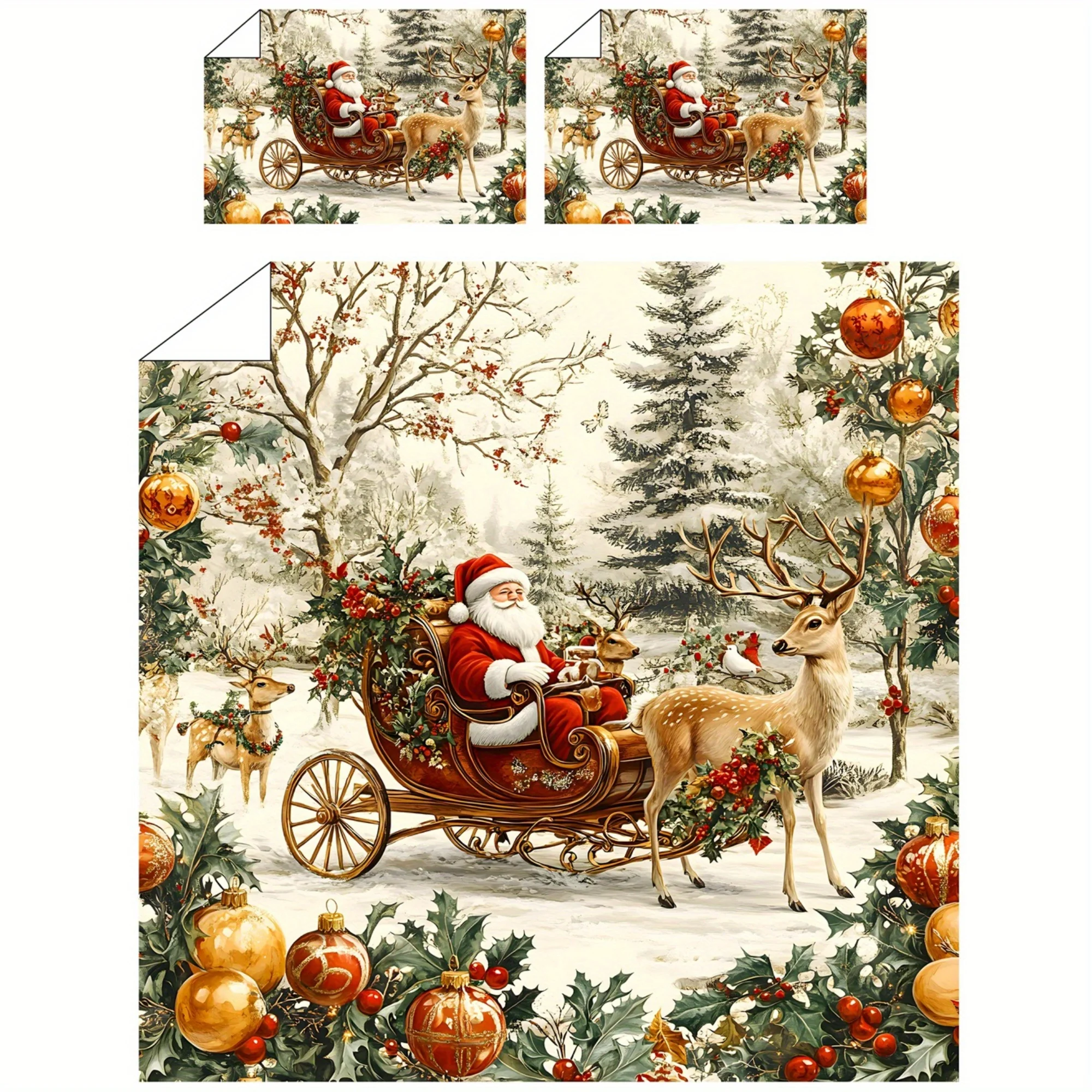 Christmas Santa Claus Sleigh Reindeer Snowman and Snowflake Gift Pattern Super Soft Fleece Digital Printing Quilt Cover Bedding