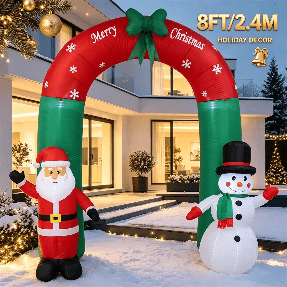 Merry Christmas Arch Inflatable Model Toy 8FT/2.4M Snowflake Print Santa Snowman with LED Blow Up Garden Party Ornament