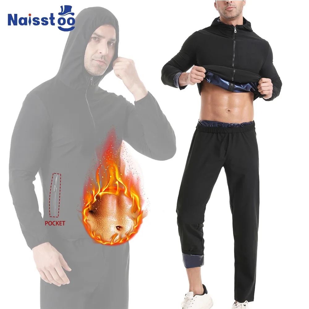 Naisstoo Men Sauna Sweat Suit Waist Trainer Long Sleeves Slimming Shirt and Sauna Pants Fitness Weight Loss Workout Suit