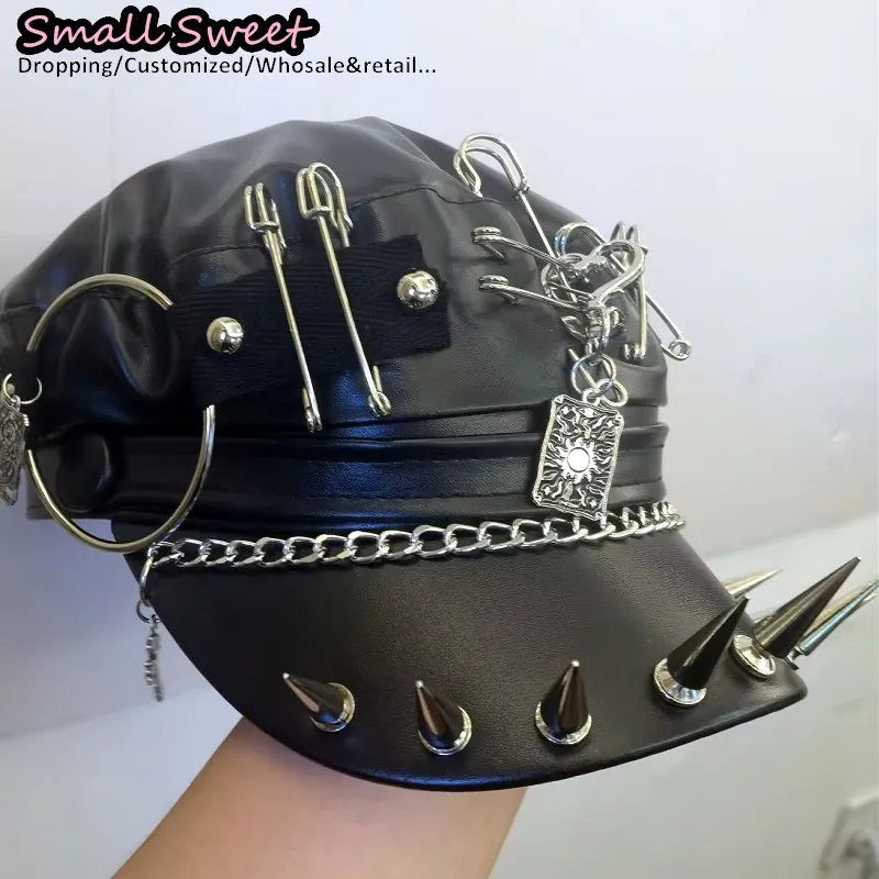 Gothic Y2k Spice Girl Steampunk Goth Lolita Punk Rivet Leather Spike Beret Hats Harajuku Streetwear Rock Caps pin Chic Rock Cap