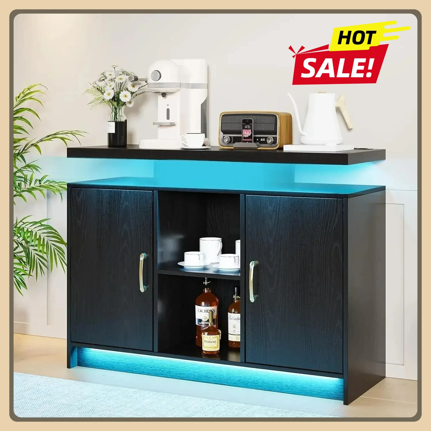 

Buffet Cabinet with LED Lights, Kitchen Buffet Storage Cabinet with Doors & Adjustable Shelves 40" Floating