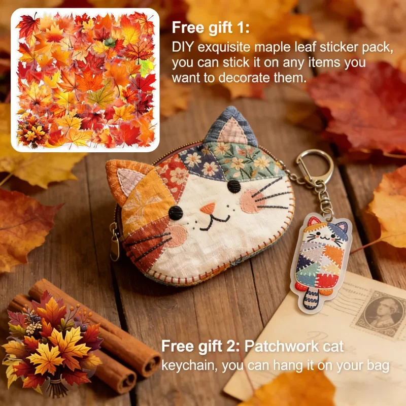 Schattig patchwork katten portemonneetje met rits |   Bonus katten-sleutelhanger + herfstachtige esdoornbladstickers |   Handgemaakte muntportemonnee voor cadeaus
