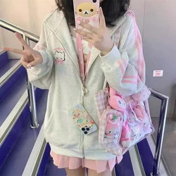 Harajuku Cute Cat Embroidery Hoodie Gray Sports Preppy Students Cartoon Zip Up Sweatshirt Coats Loose Autumn Winter Casual Loose