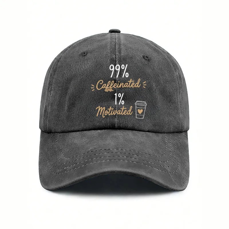 Caffeine-Boosting Printed Unisex Washed Baseball Cap, Holiday Accessory, Outdoor Fashion Wear, Soft and Comfortable, Suitable for All Seasons