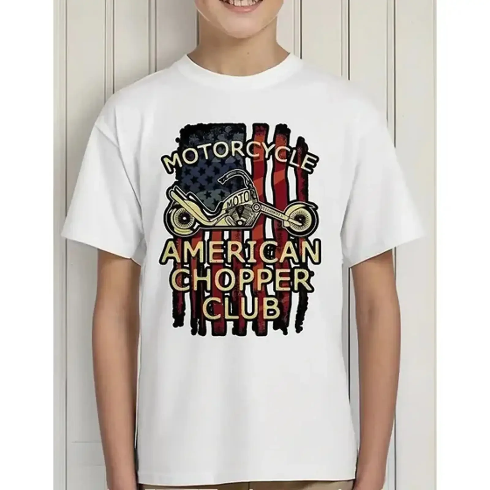 Camiseta de Motocicleta Remera De Niño, Estilo American Chopper Club, Vintage, Lavada, Cómoda, Ligeramente Casual, Unisex, Suave y Versátil