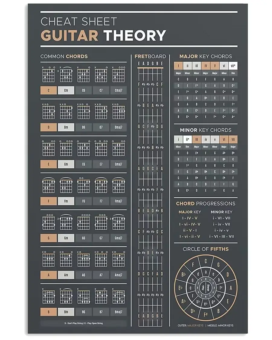 Retro Vintage Funny 16x24 Inch Cheat Sheet Guitar Theory Metal Tin Sign Bar Pub Club Cafe Home Restaurant Wall Decor Kitchen Out