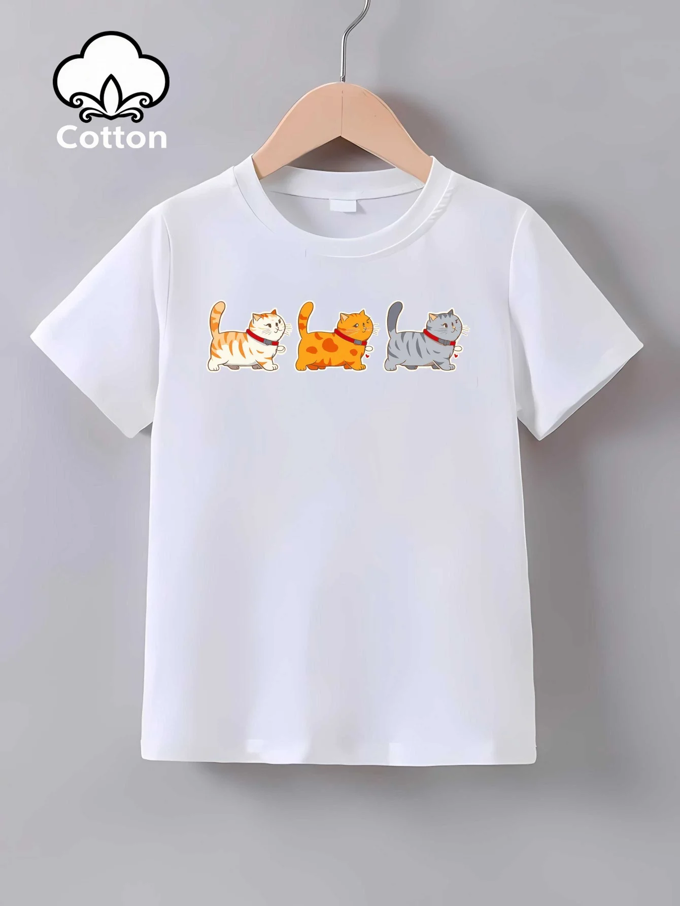 Kids Family Matching T Shirt Three Cute Walking Cats Cartoon Print Short Sleeve Cotton Tops For Boys Girls Daily Casual Outfit