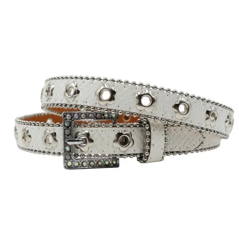 

31BB Unisex Sparkling Western Belt for Jeans Dresses Skirts Fashionable Flower Eyelet Pin Buckle Belt Women Waist Accessory