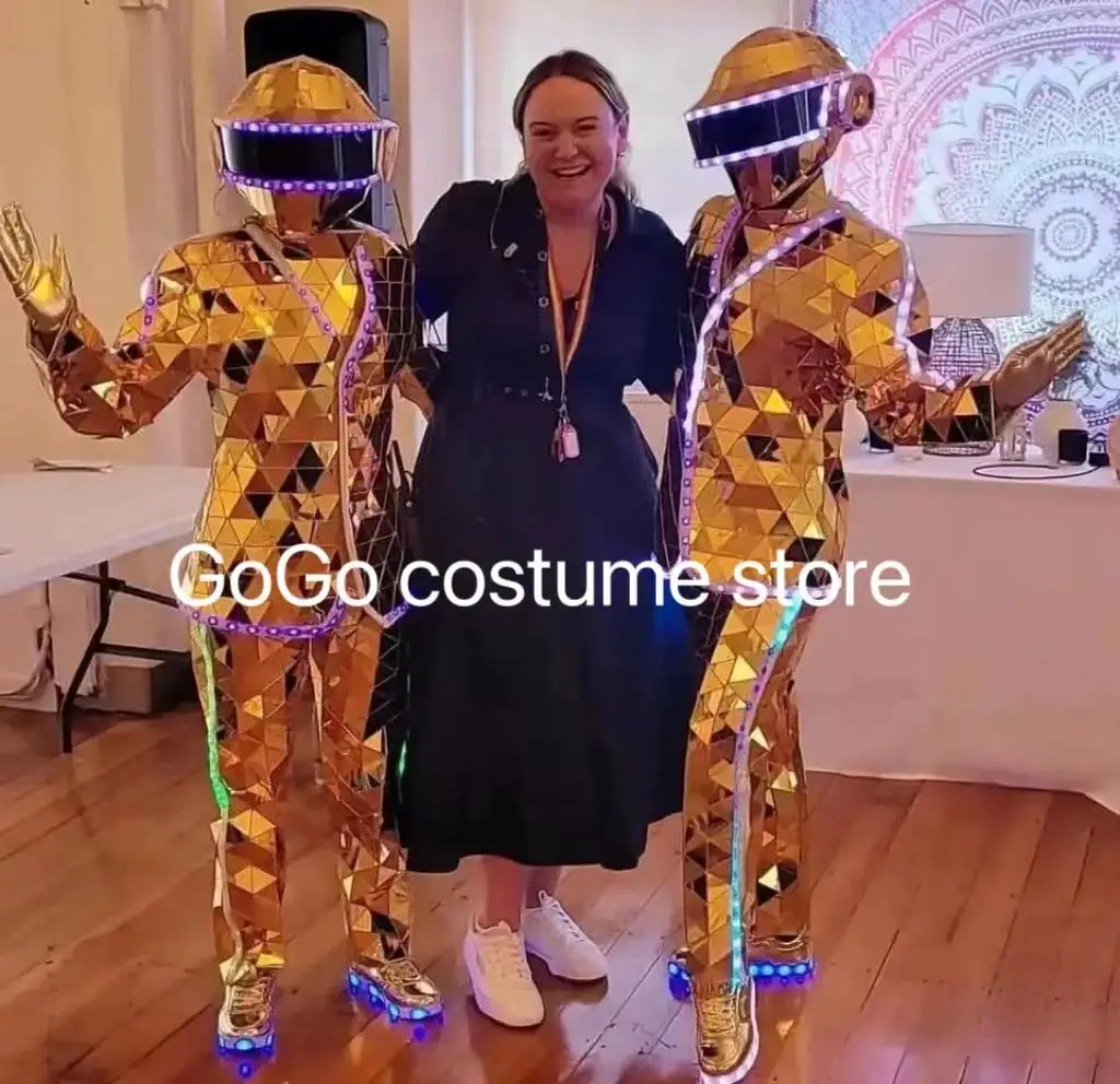 Hot Sale Party Costumes adults Women men Cosplay Silver Mirror Costume Real Led Robot Stilt Walker Costume