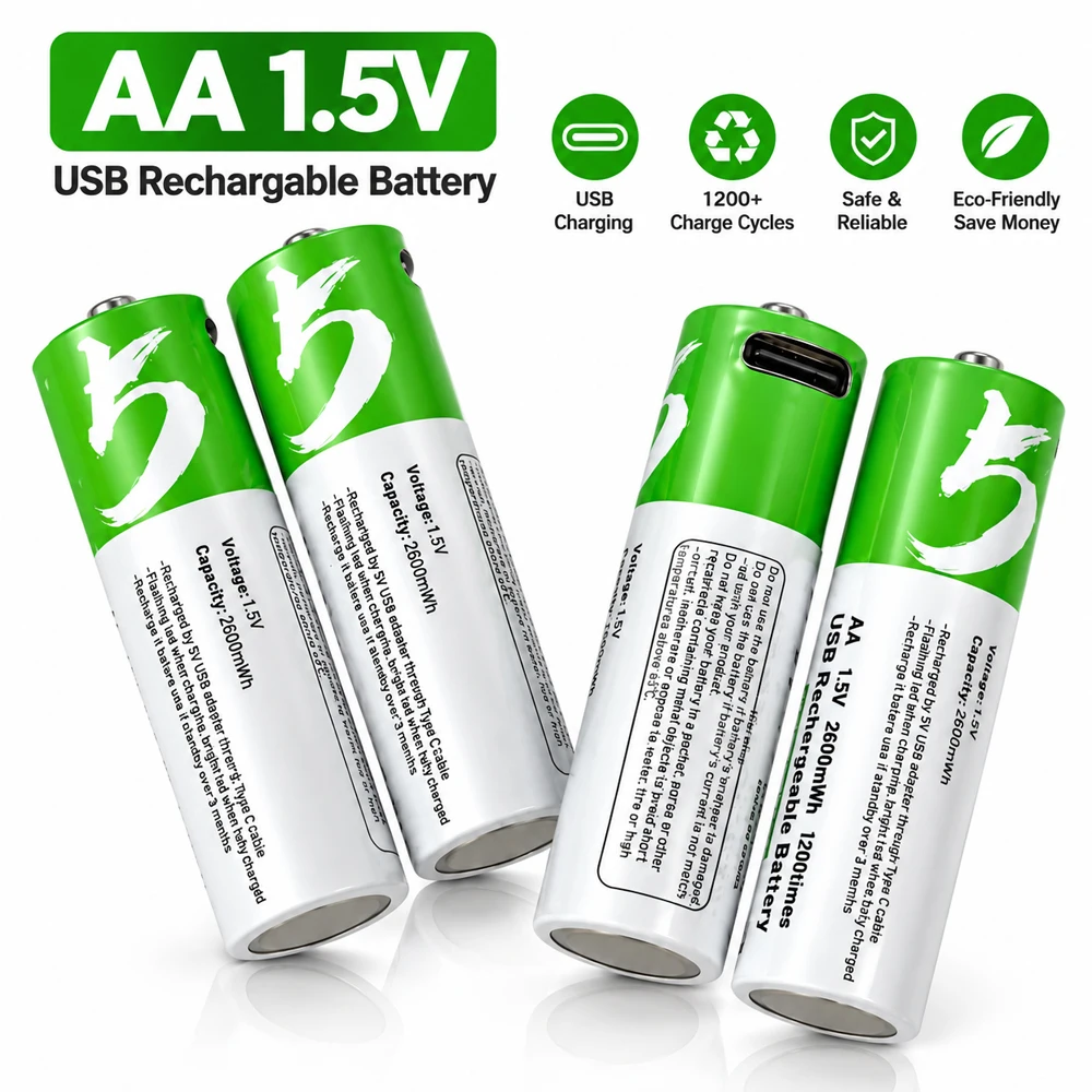 Original USB AA Rechargeable 2600mWh 1.5V Batteries Li-ion Battery for Remote Control Mouse Electric Toy Batteria + Type-C Cable