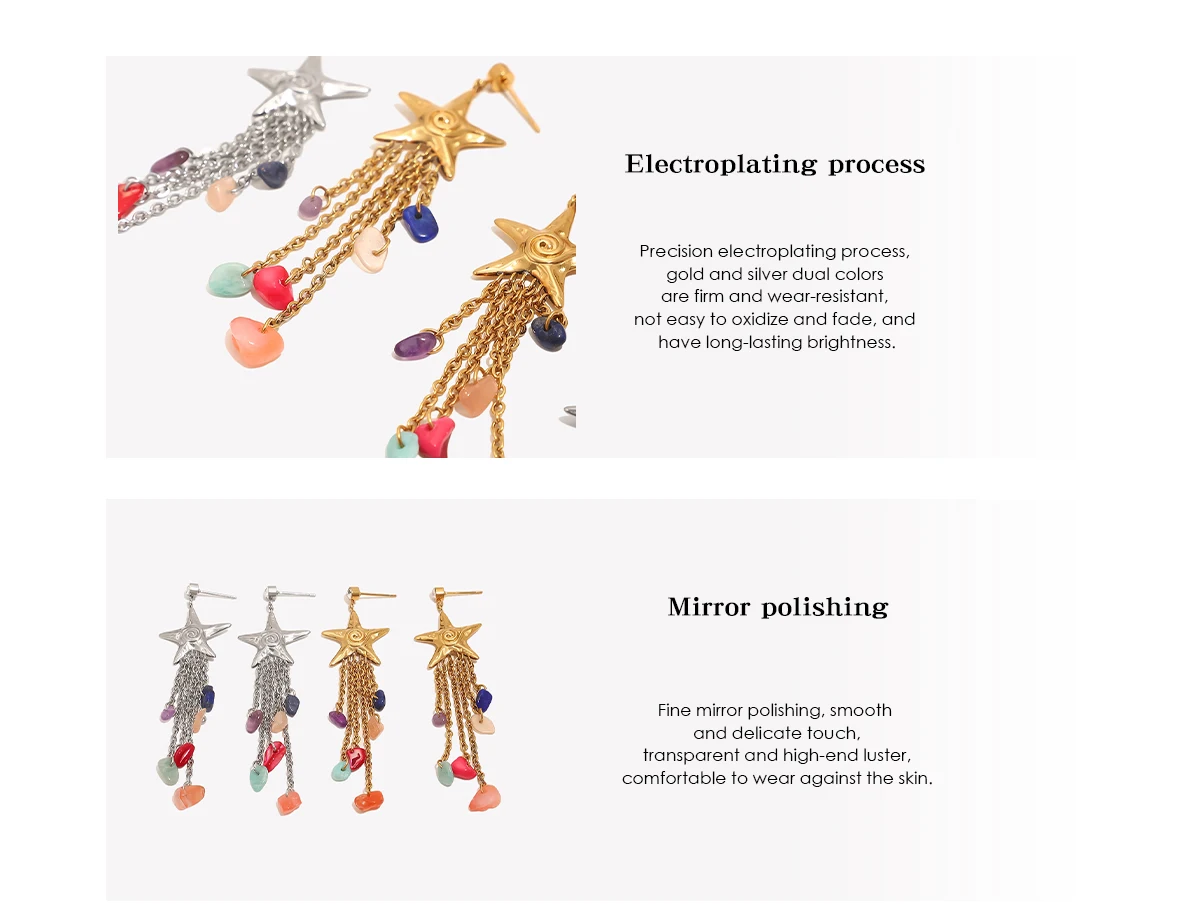 E.B.belle Minimalistische Strukturierte Stern-Ohrstecker mit Bunten Quasten, Hypoallergene 18K Vergoldete Ohrringe, Sommer-Modeschmuck – Detail 8