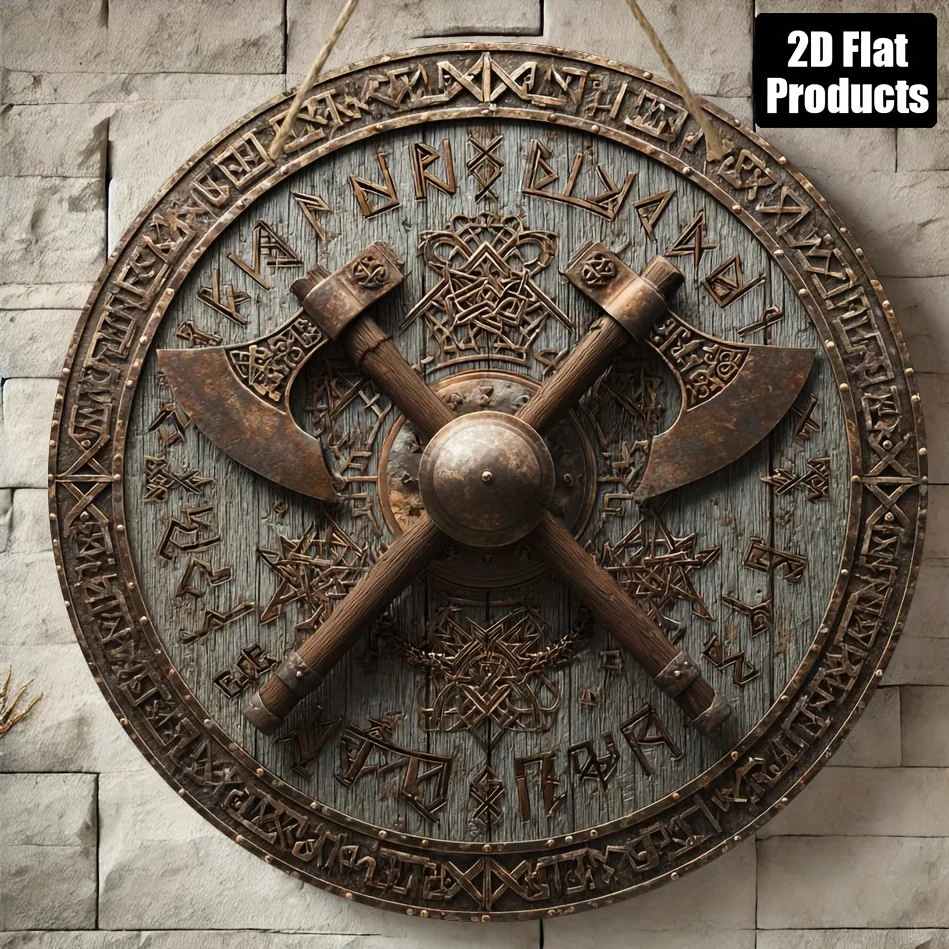 2D Flat Wooden Print 1pc, Round Wooden Board Decorative Painting Sign Plaque, Viking Battle Axe Theme, Suitable for Bar Kitchen