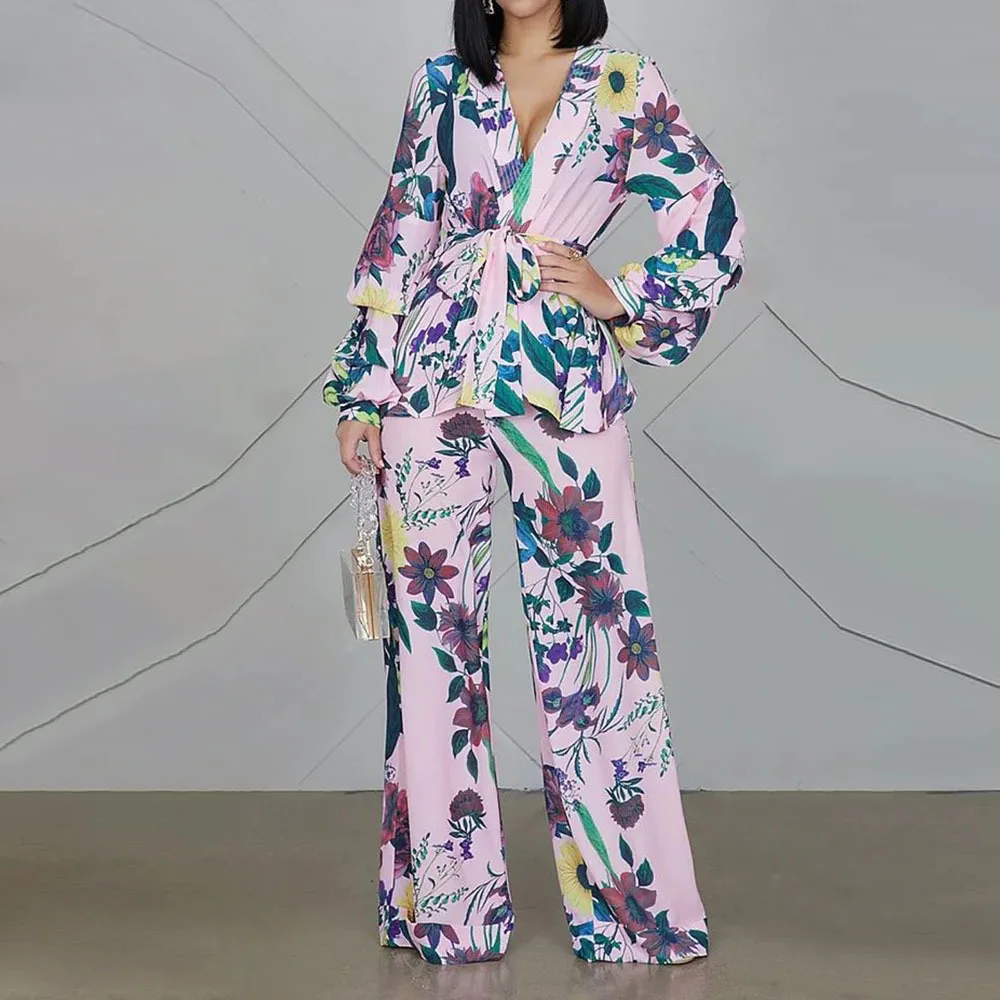 

Fashion printed V-neck bubble sleeve large size shirt high waist wide leg pants set simple temperament elegant versatile high-en