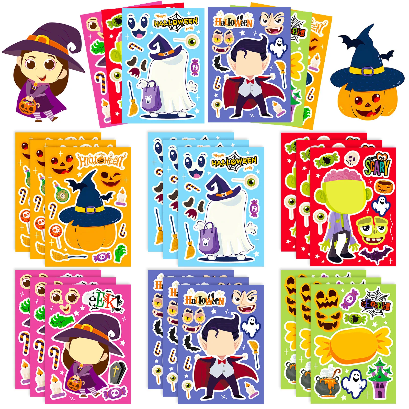 6Sheets Halloween DIY Puzzle Sticker Games 6 Cute Ghost Vampire Make A Face Funny Assemble Jigsaw Stickers Kids Educational Toys