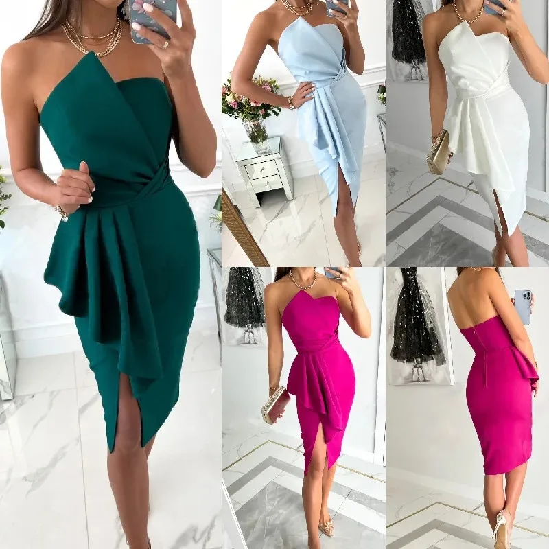 

Sexy Women's Strapless Satin Prom Dresses Asymmetrical Irregular Elegant Ladies Skirt Split Banquet Nightclub Party Dress Outfit