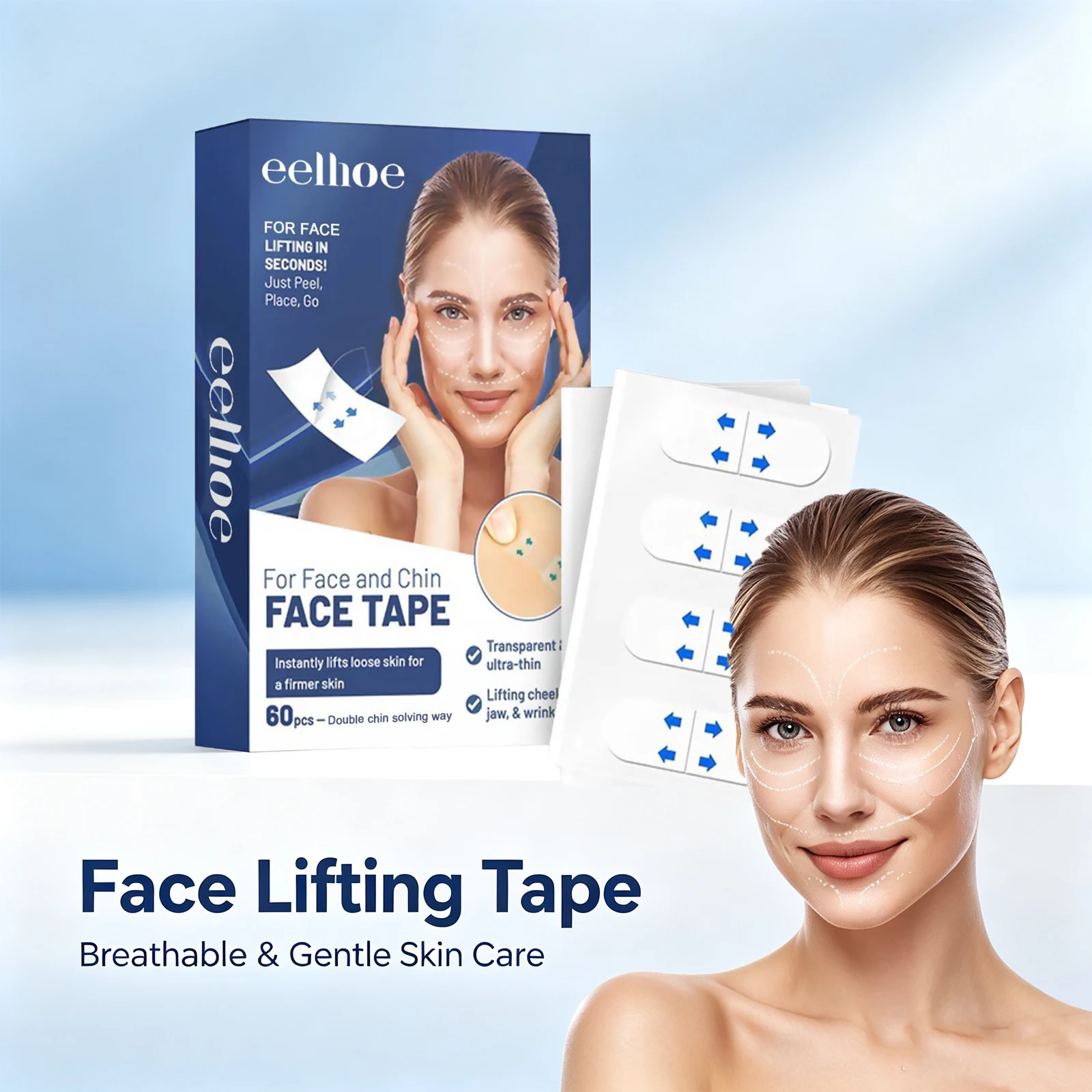 Face Lifting Tape V Line Face Firming Patches 60 PCS Increase Skin Elasticity Tighten Loose Skin for Makeup Selfie Facial Tool