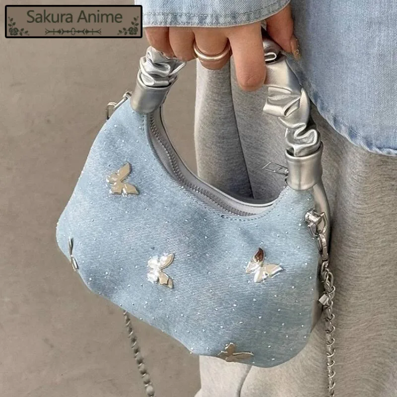 Y2k Sweet Butterfly Patchwork Top-Handle Bags Women Fairy Chain Shoulder Crossbody Bag Kawaii Cute Pleated Purses And Handbags