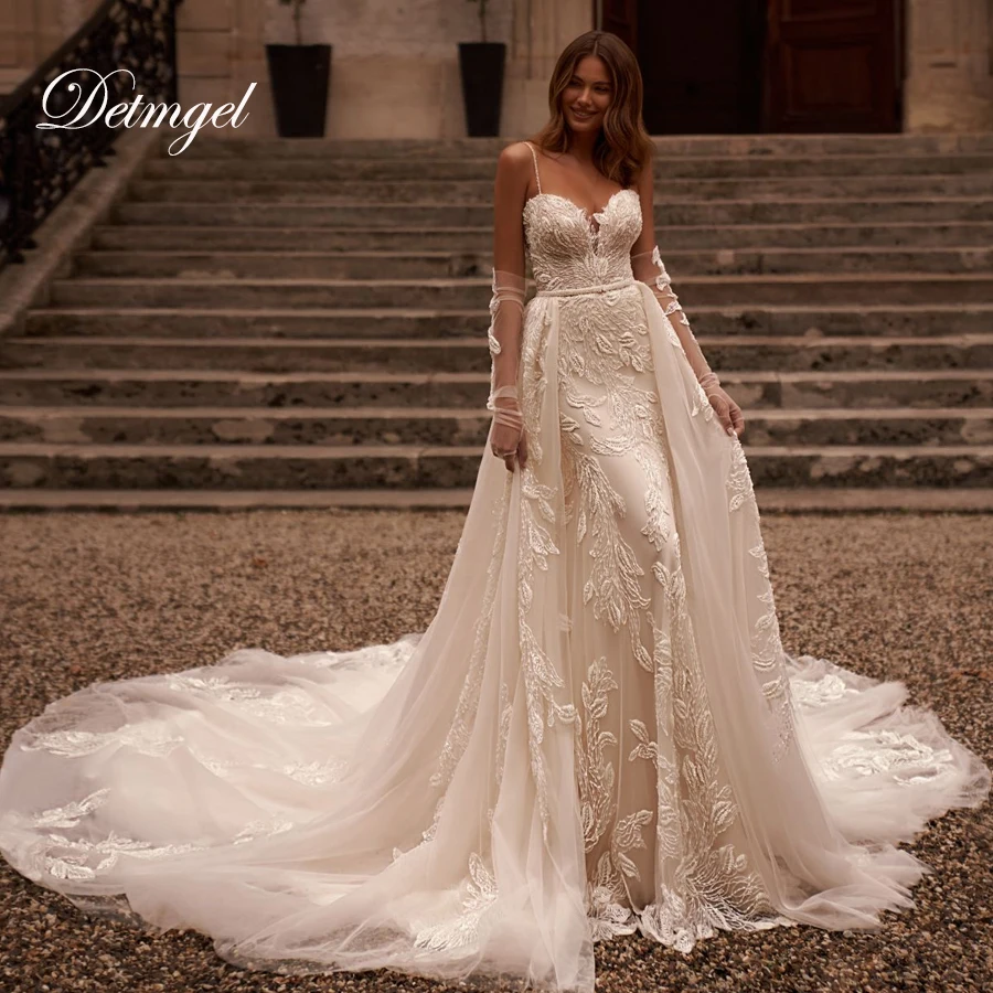 

Detmgel New Exquisite Strapless Neck Mermaid Wedding Dress Appliques Beaded Backless Detachable Train Bridal Dress Customized