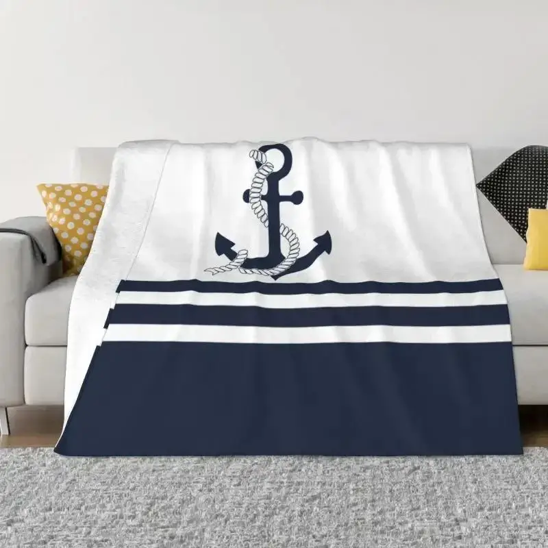 Ultra-Soft Fleece Nautical Blue Anchors With Blue And White Stripes Throw Blanket Flannel Sailing Sailor Blankets Bedspreads