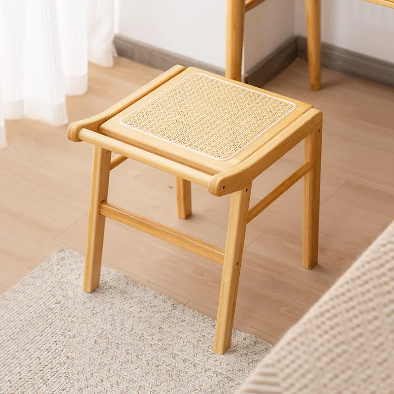 Japanese Type Rattan Woven Household Small Bench Contracted Square Makeup Stool Solid Wood Living Room Furniture Dining Stool