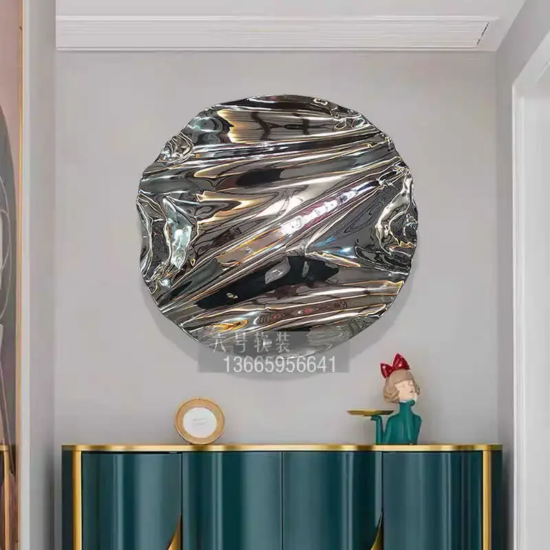 Stainless steel mirror water wave pattern round decoration living room hotel background wall wall mural villa lucky device