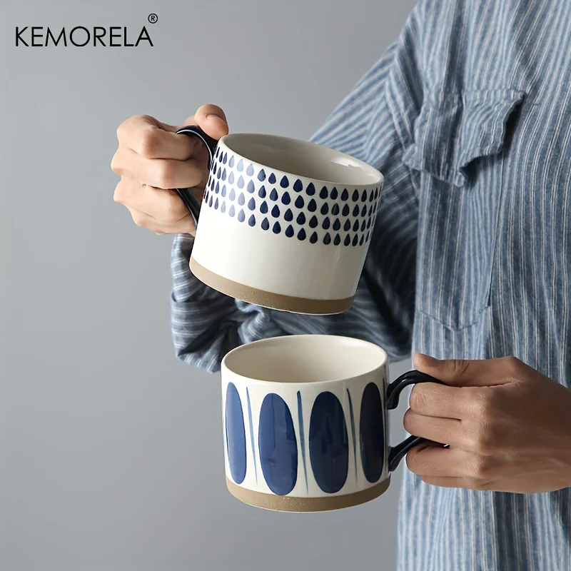 2 Stück Keramik-Kaffeetassen – handbemaltes geometrisches blaues und weißes Design, mikrowellengeeignet, wiederverwendbare runde Tassen für Kaffee, Tee, Haferflocken